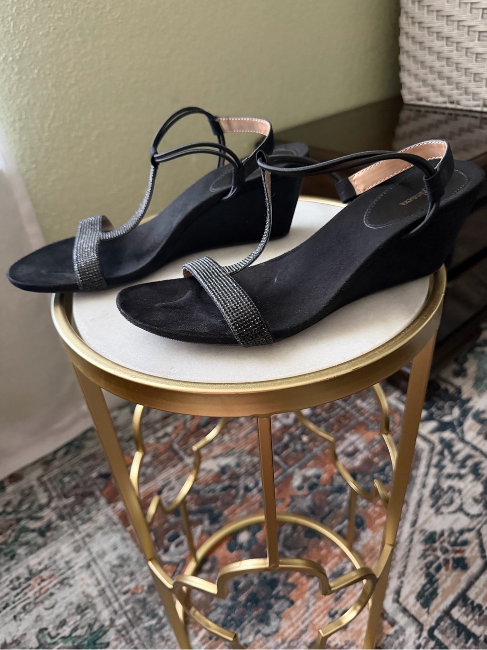 Black Wedge Sandals with Embellished Straps